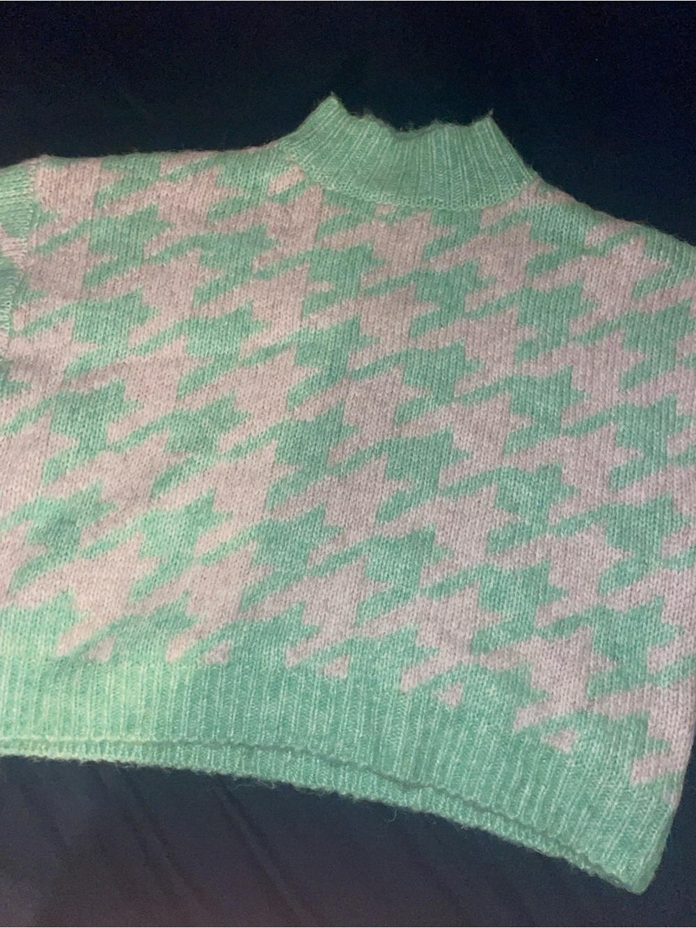 Women's Mint and Light Pink Houndstooth Mock Neck Sweater